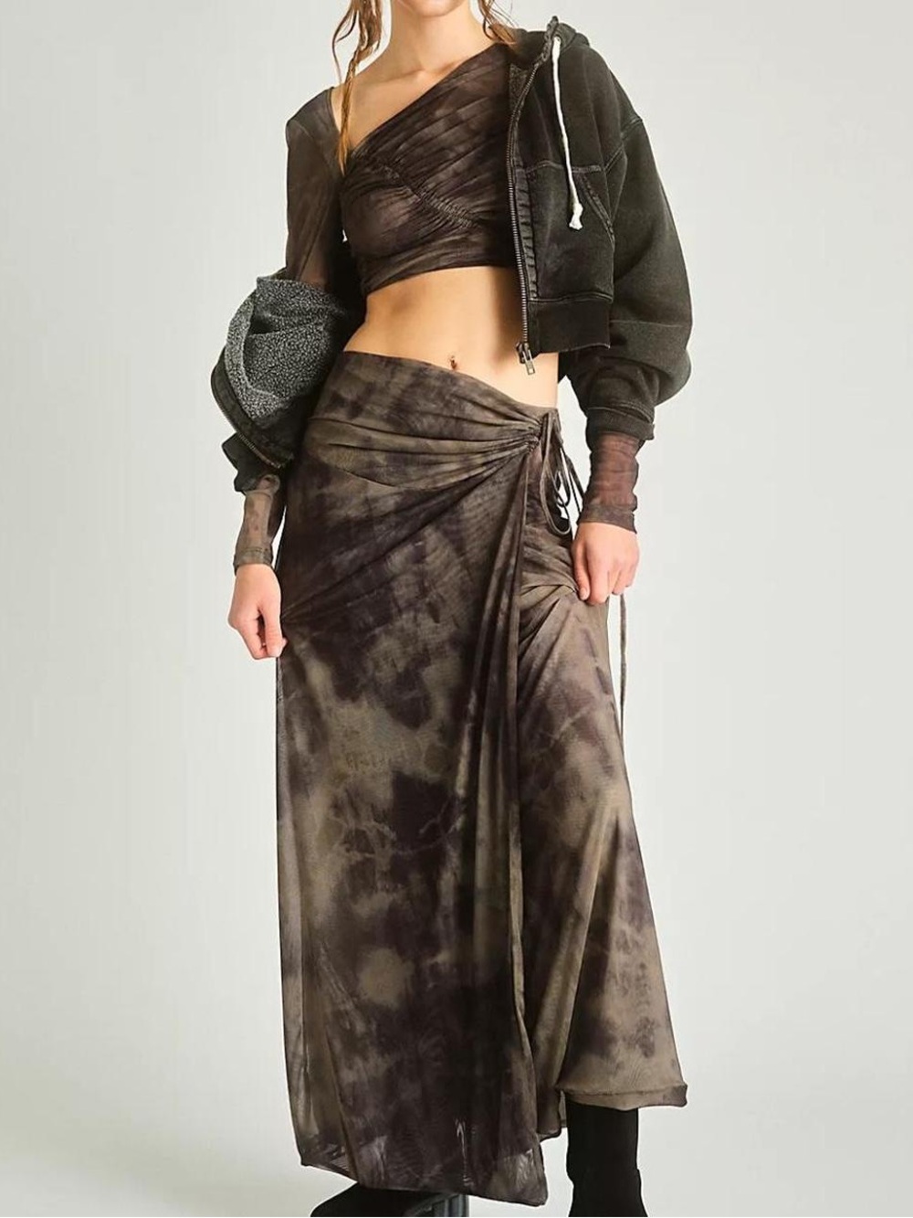New Free People Taupe and Charcoal Tie-Dye Maxi Skirt
